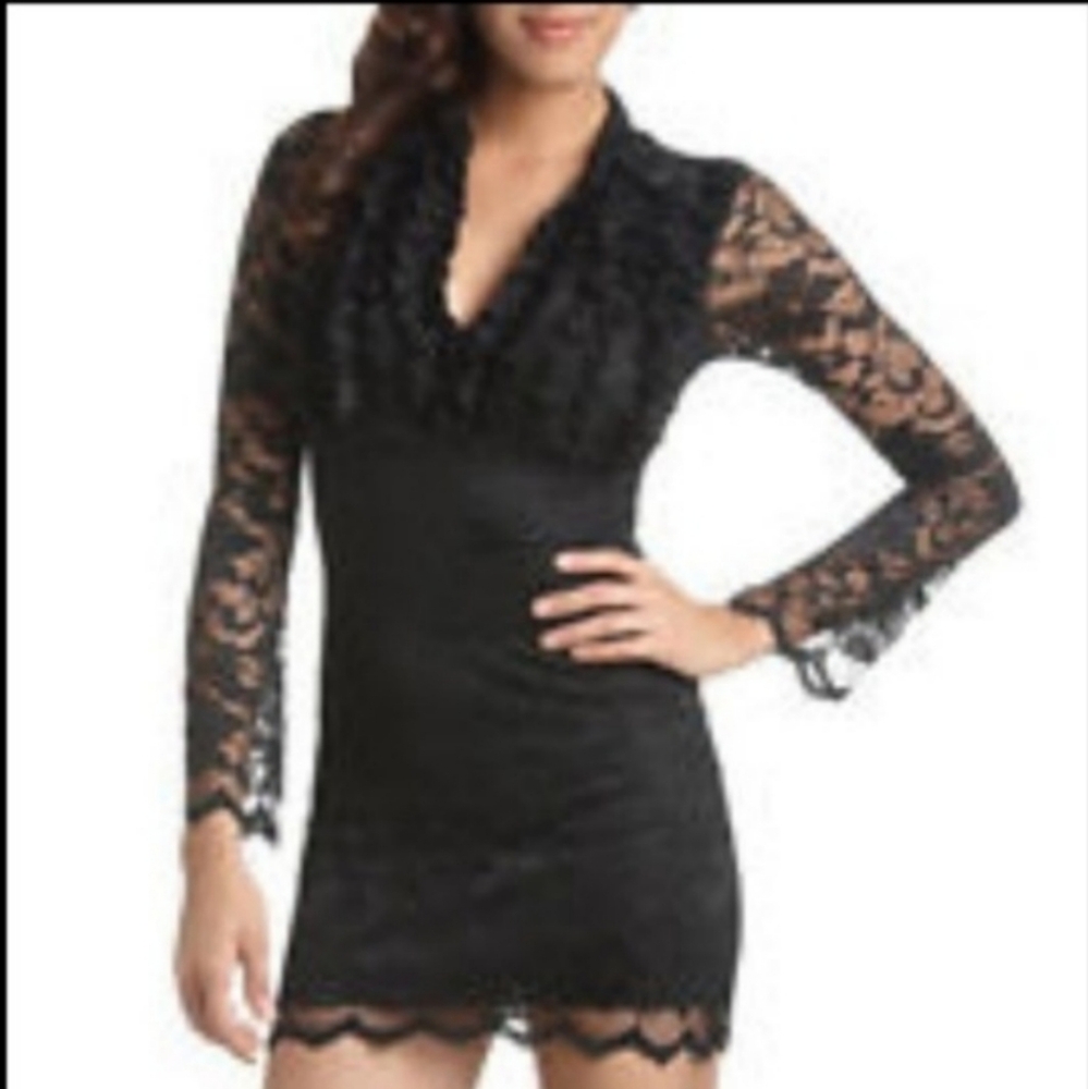 Arden B Black Lace Bodycon Collared Mini Dress